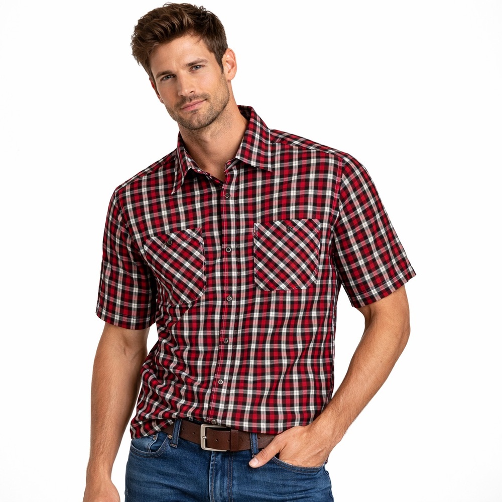 Merrell Red and Black Plaid Short-Sleeve Button-Down Shirt large